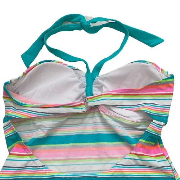 NEW SO Women's Swim Tankini Top Swimsuit Sz M Teal Pink Striped Halter - Picture 5 of 5